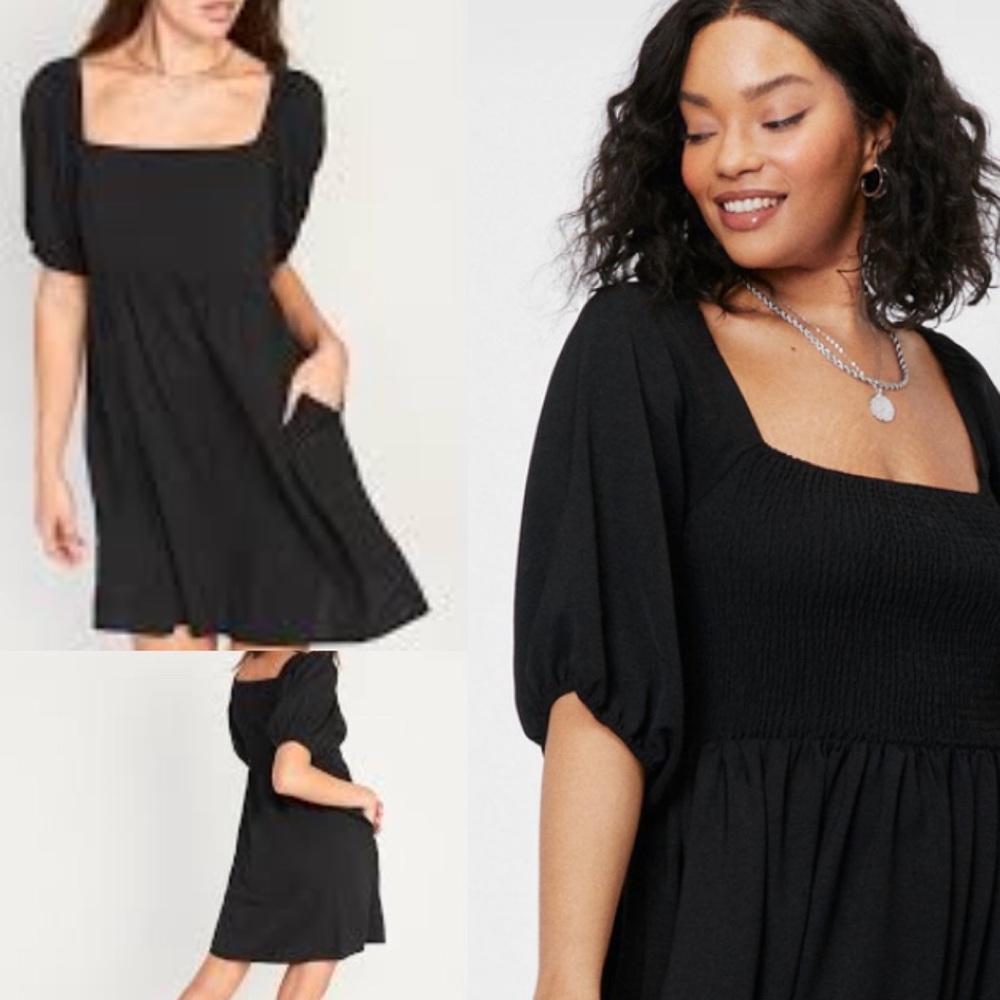 Black Square Neck Puff Sleeve Dress